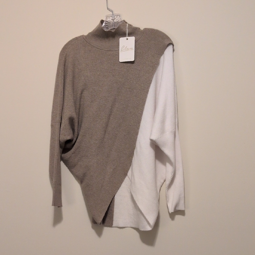 Womens Size L Elan Taupe White Colorblock Tulip Front Lightweight Sweater NWT